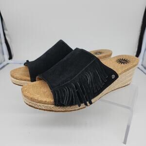 Ugg Sandals 8 Black Suede Leather Fringe Boho Peep Toe Wedges Mules Espadrille